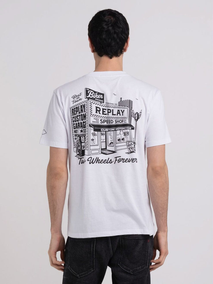 REPLAY JERSEY T-SHIRT WITH BIKER PRINT