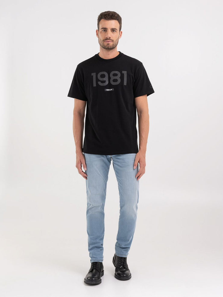 REPLAY CREWNECK T-SHIRT IN JERSEY WITH EMBOSSED PRINT