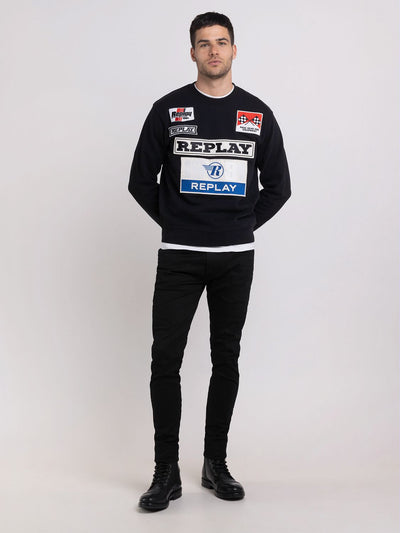 REPLAY CREWNECK SWEATER WITH RACER PATCH