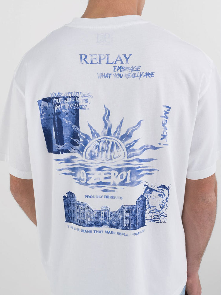 REPLAY GENDERLESS CREW-NECK T-SHIRT WITH 9ZERO1 LOGO AND GRAPHIC PRINTS